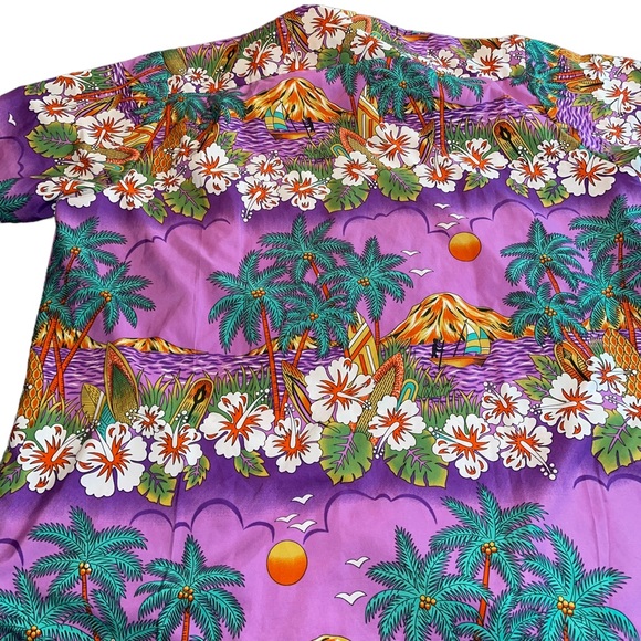Lvish Hawaiian Print Button Down Shirt Men’s Sz 2XL Purple Teal Palm Trees Surf - Picture 3 of 7